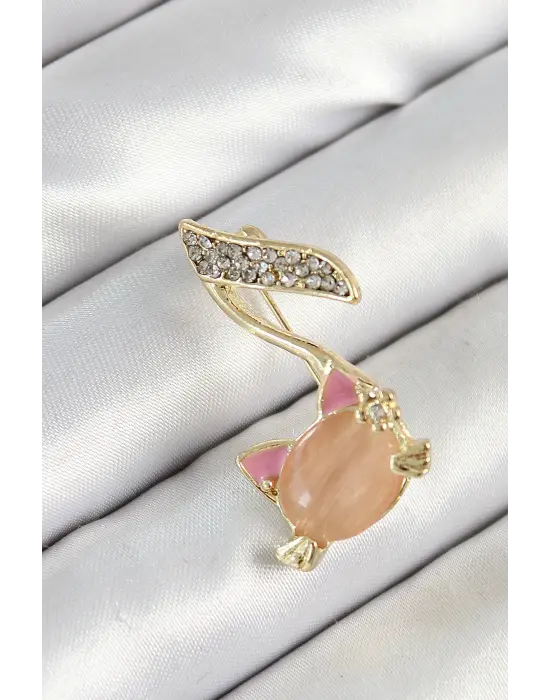 Zirkon Taşlı 3D Kedi Detaylı Nota Figürlü Gold Renk Kadın Broş