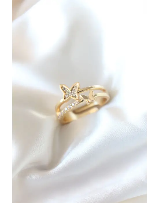 Zirkon Taşlı Altın Kaplama Kelebek Çelik Yüzük