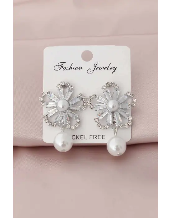 Zirkon Taşlı Çiçek Tasarımlı Gümüş Renk Kadın Küpe