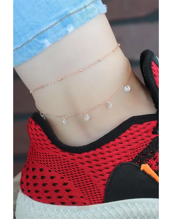 Zirkon Taşlı Çift Zincirli Rose Renk Hal Hal