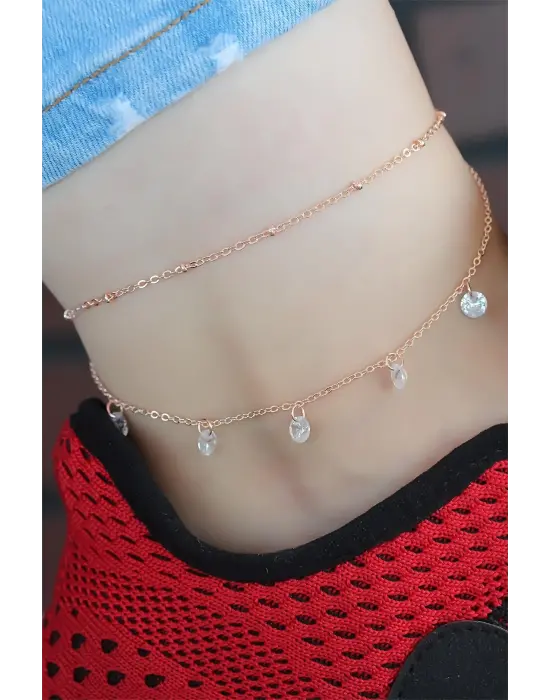 Zirkon Taşlı Çift Zincirli Rose Renk Hal Hal