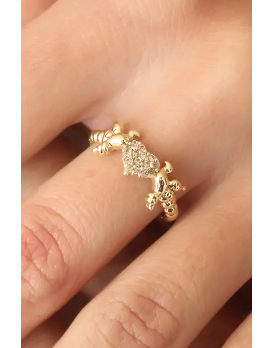 Zirkon Taşlı Gold Renk Kalp ve Kuş Figürlü Ayarlanabilir Kadın Yüzük