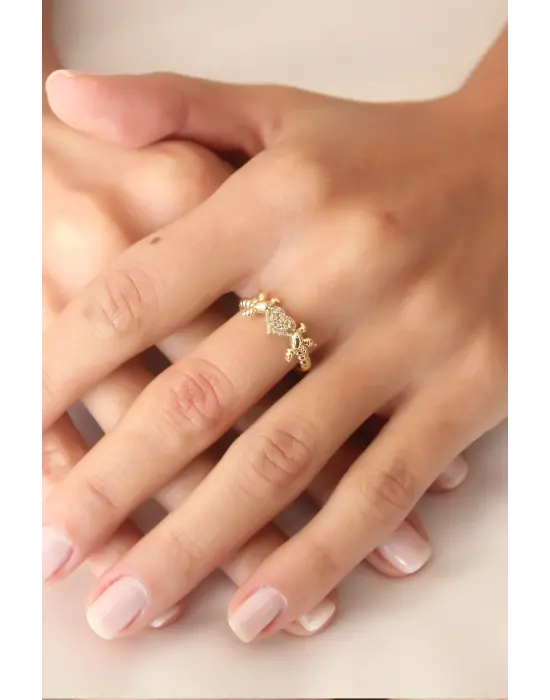 Zirkon Taşlı Gold Renk Kalp ve Kuş Figürlü Ayarlanabilir Kadın Yüzük