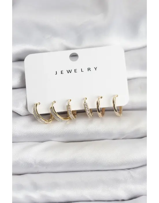 Zirkon Taşlı Gold Renk Pirinç Kadın Küpe Seti