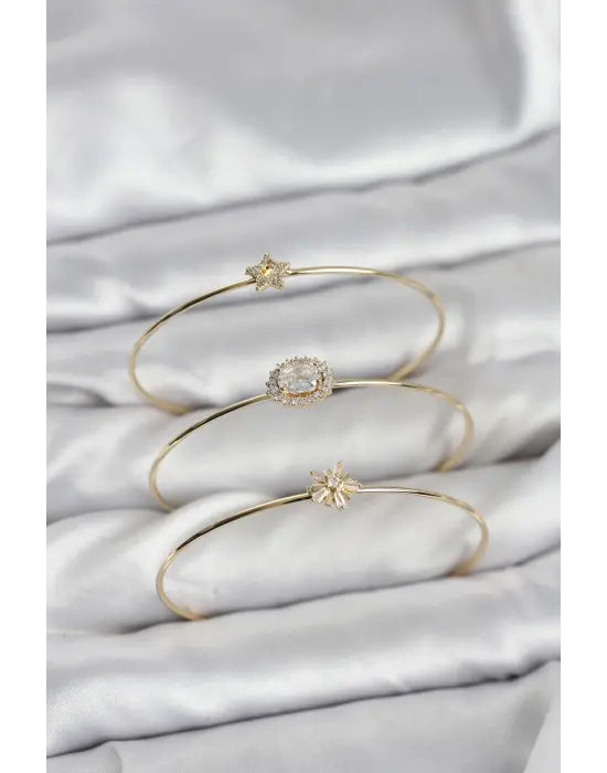 Zirkon Taşlı Gold Renk Tek Taş Model 3lü Kadın Bileklik Kombini
