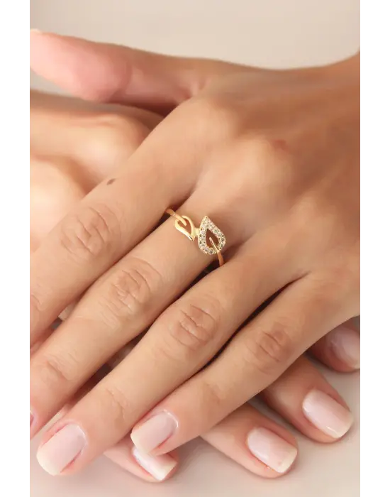 Zirkon Taşlı Gold Renk Yaprak Model Kadın Yüzük