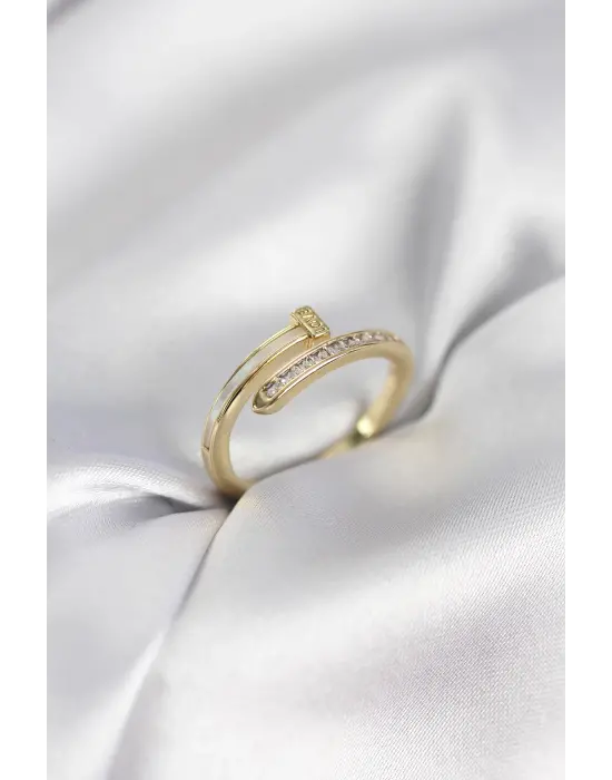 Zirkon Taşlı Gold Renk Yassı Çivi Model Kadın Yüzük