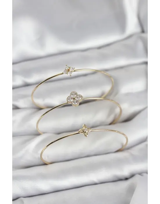 Zirkon Taşlı Gold Renk Yonca Tasarım 3lü Kadın Bileklik Kombini
