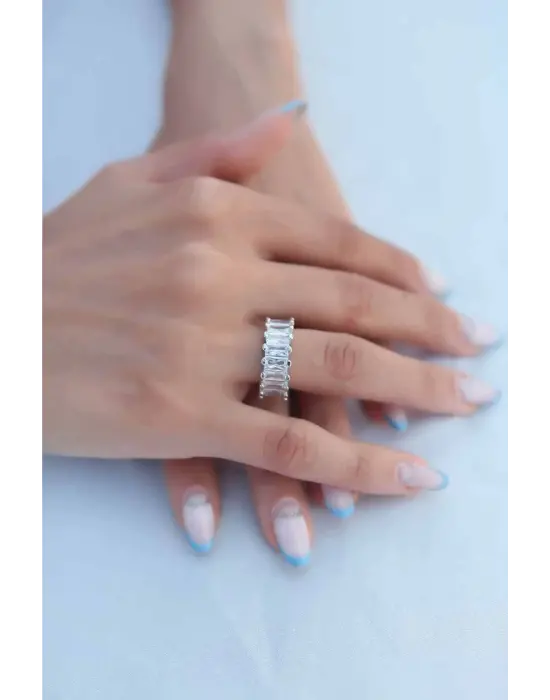 Zirkon Taşlı Gümüş Baget Çelik Yüzük