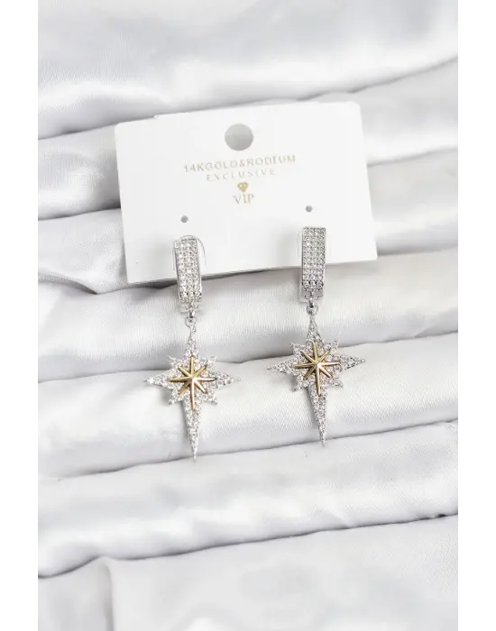 Zirkon Taşlı Gümüş Renk Pirinç Kutup Yıldızı Model Kadın Küpe