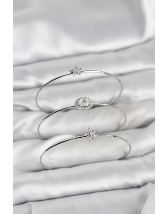 Zirkon Taşlı Gümüş Renk Tek Taş Model 3lü Kadın Bileklik Kombini