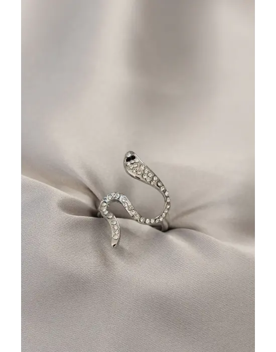 Zirkon Taşlı Gümüş Renk Yılan Yüzük