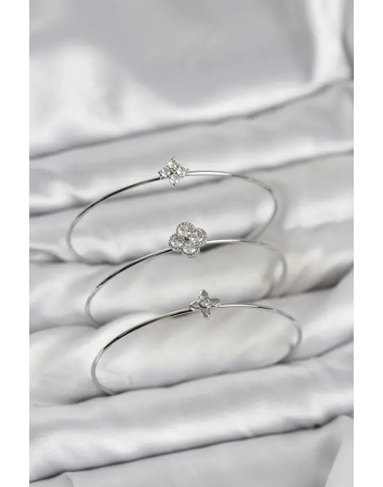 Zirkon Taşlı Gümüş Renk Yonca Tasarım 3lü Kadın Bileklik Kombini