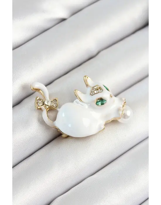 Zirkon Taşlı İnci Detaylı Beyaz 3D Kedi Figürlü Gold Renk Kadın Broş