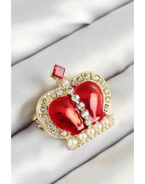 Zirkon Taşlı İnci Detaylı Kırmızı 3D Kraliçe Taç Figürlü Gold Renk Kadın Broş