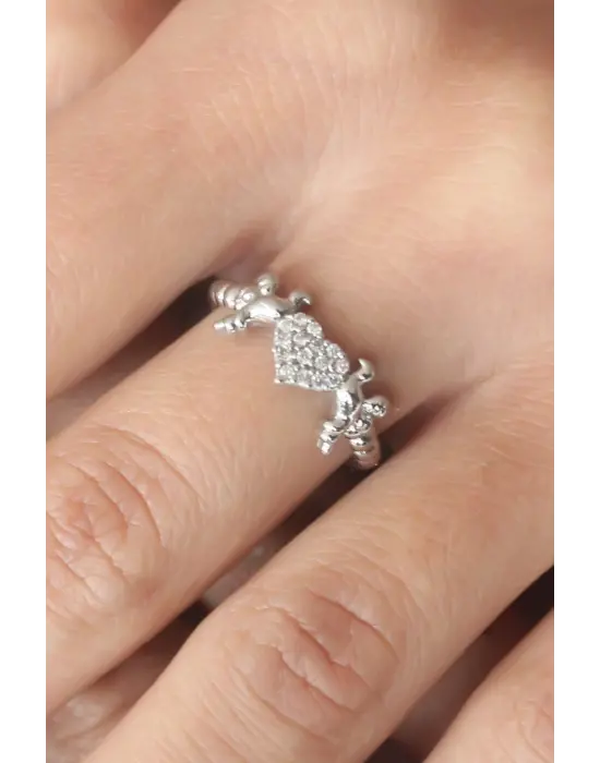 Zirkon Taşlı Kalpli Kuş Figürlü Ayarlanabilir Kadın Yüzük