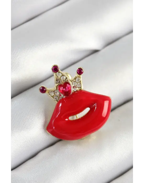 Zirkon Taşlı Kraliçe Taç Detaylı 3D Kırmızı Dudak Figürlü Gold Renk Kadın Broş