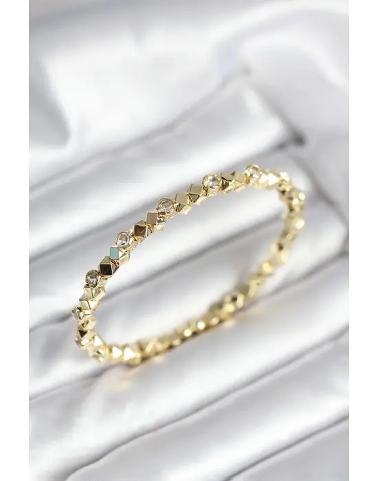 Zirkon Taşlı Küp Şerit Model Pirinç Gold Renk Kadın Bileklik