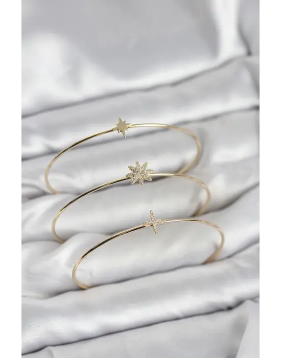 Zirkon Taşlı Kutup Yıldızı Model Gold Renk 3lü Kadın Bileklik Kombini