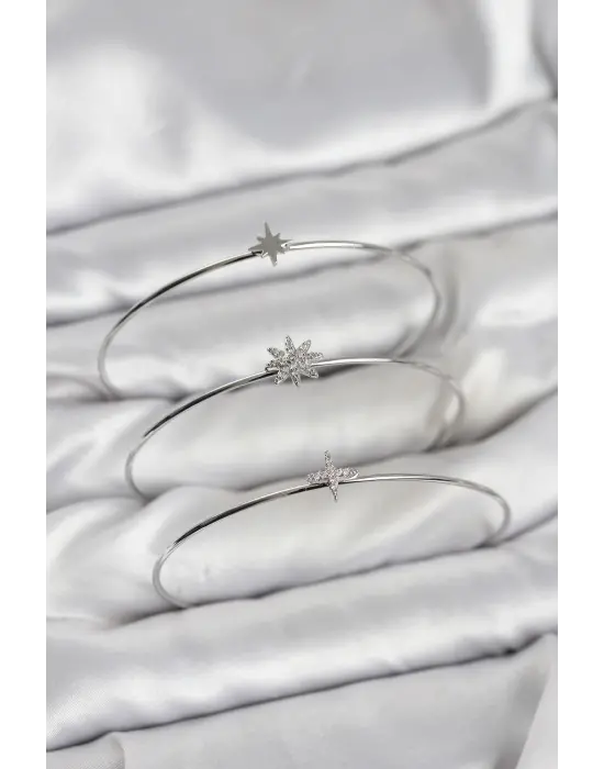 Zirkon Taşlı Kutup Yıldızı Model Gümüş Renk 3lü Kadın Bileklik Kombini