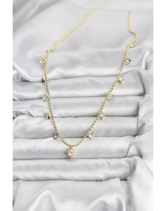 Zirkon Taşlı Kutup Yıldızı Model Pirinç Gold Renk Kadın Kolye