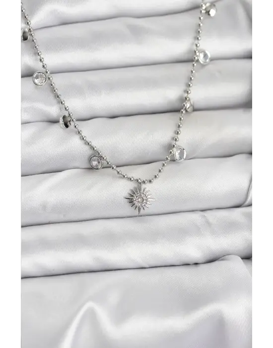 Zirkon Taşlı Kutup Yıldızı Model Pirinç Gümüş Renk Kadın Kolye