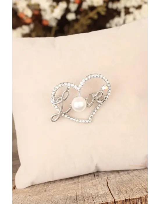Zirkon Taşlı Love Yazılı Kalpli Broş