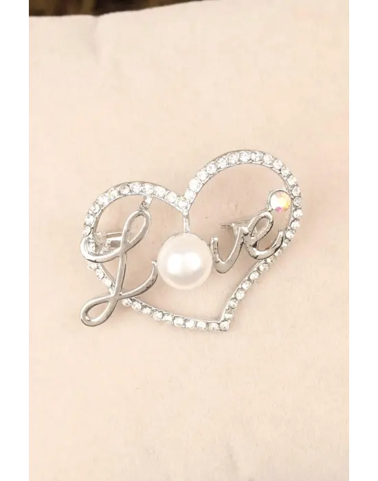 Zirkon Taşlı Love Yazılı Kalpli Broş