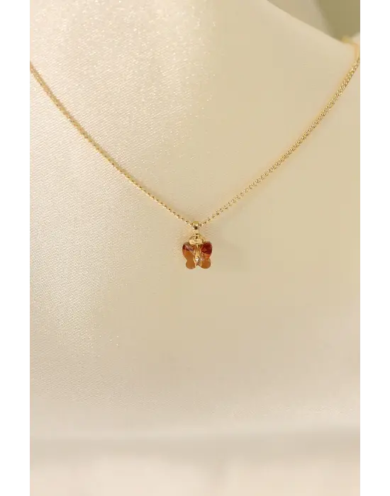 Zirkon Taşlı Mercan Renk Minimal Kelebek Kolye