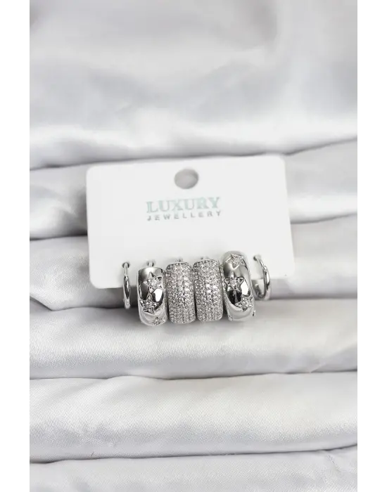 Zirkon Taşlı Pirinç Gümüş Renk Yıldız Detay Halka Kadın Küpe Seti