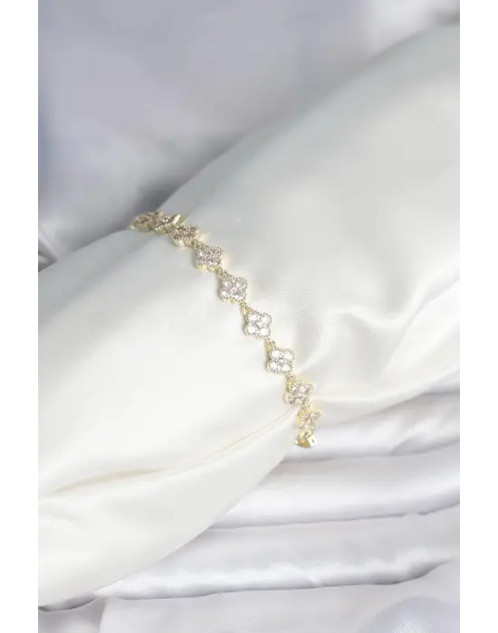 Zirkon Taşlı Pirinç Yonca Model Bileklik