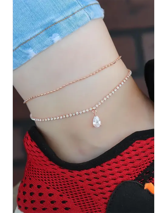 Zirkon Taşlı Rose Renk Çift Zincirli Hal Hal