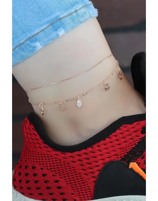 Zirkon Taşlı Rose Renk Çift Zincirli Hal Hal