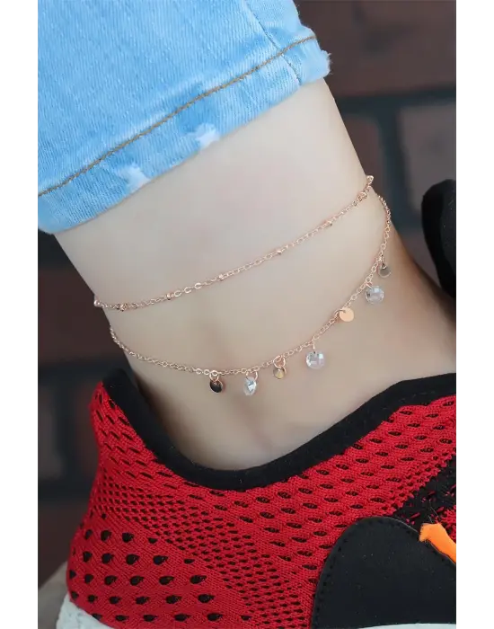 Zirkon Taşlı Rose Renk Çift Zincirli Hal Hal