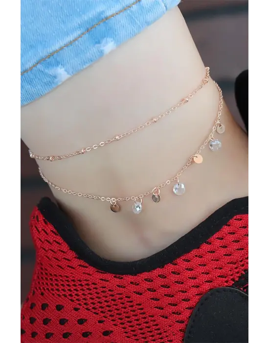 Zirkon Taşlı Rose Renk Çift Zincirli Hal Hal