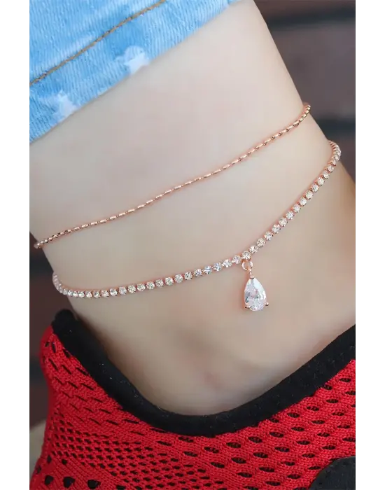Zirkon Taşlı Rose Renk Çift Zincirli Hal Hal