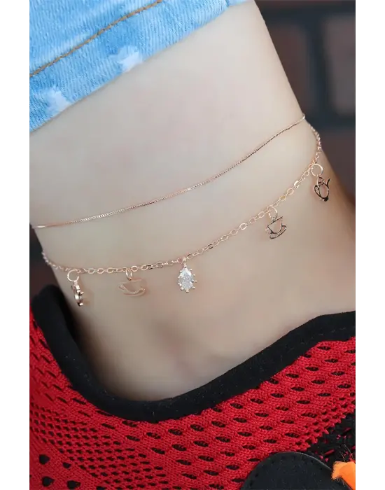 Zirkon Taşlı Rose Renk Çift Zincirli Hal Hal