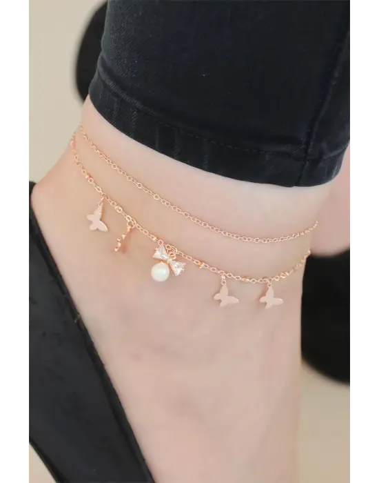 Zirkon Taşlı Rose Renk Çift Zincirli İncili Kelebek Hal Hal