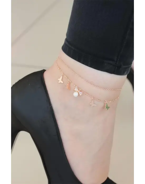 Zirkon Taşlı Rose Renk Çift Zincirli İncili Kelebek Hal Hal