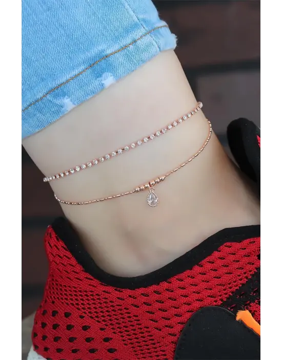 Zirkon Taşlı Rose Renk Kaplama Çift Zincirli Hal Hal