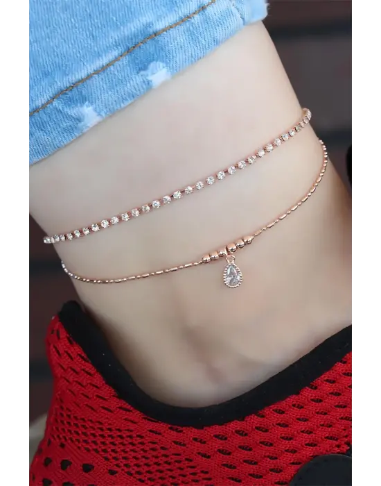 Zirkon Taşlı Rose Renk Kaplama Çift Zincirli Hal Hal