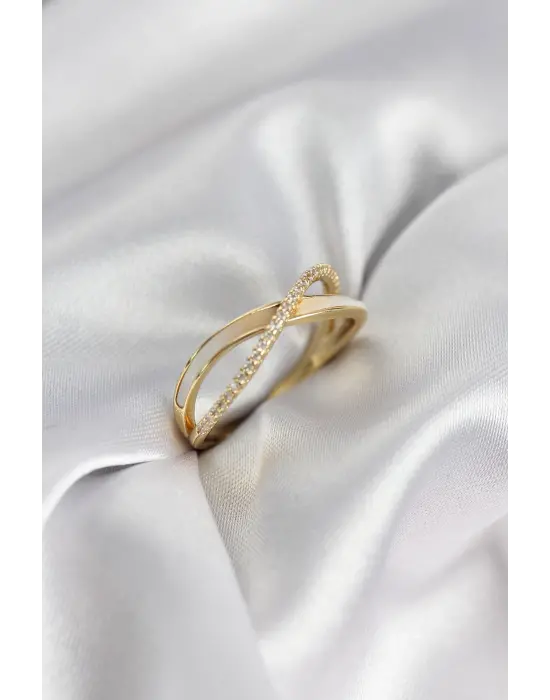 Zirkon Taşlı Sarmal Sedefli Gold Renk Kadın Yüzük