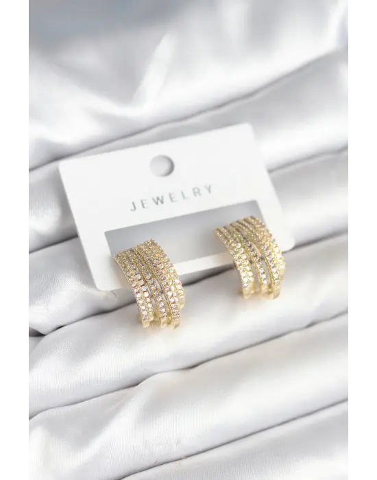 Zirkon Taşlı Şerit Model Gold Renk Pirinç Kadın Küpe