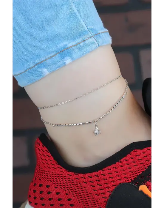 Zirkon Taşlı Silver Renk Çift Zincir Hal Hal