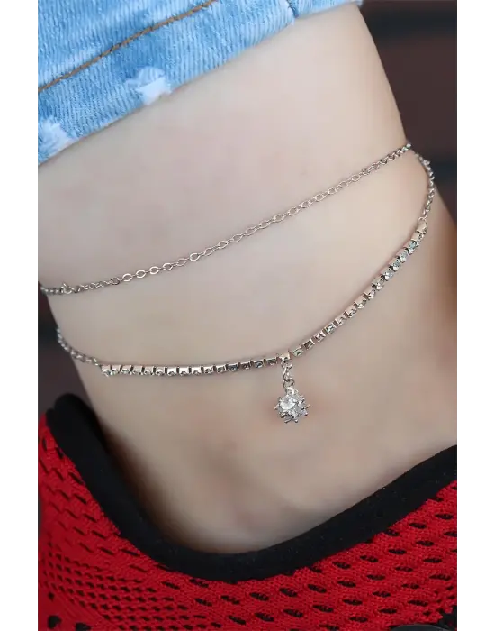 Zirkon Taşlı Silver Renk Çift Zincir Hal Hal