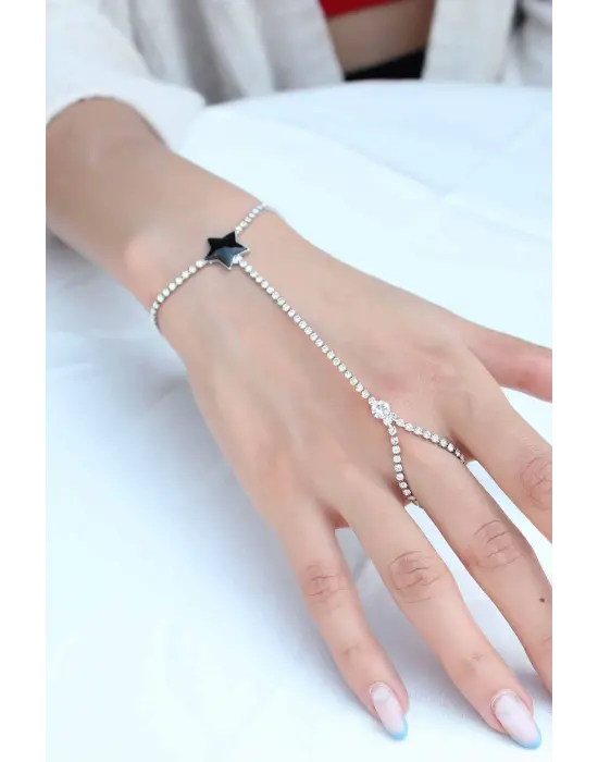 Zirkon Taşlı Siyah Yıldız Figürlü Kadın Şahmeran