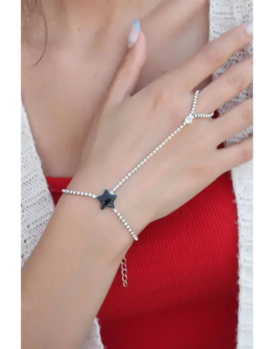 Zirkon Taşlı Siyah Yıldız Figürlü Kadın Şahmeran