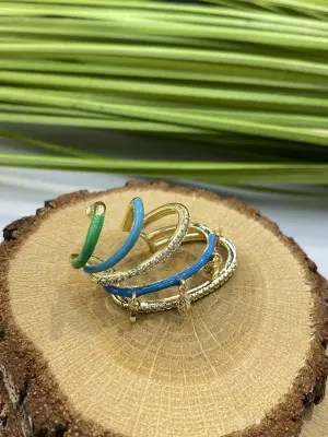 Taşlı Mavi - Yeşil Sıkıştırmalı Kıkırdak Küpe Earcuff