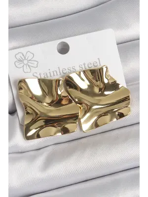 316 Çelik Gold Renk Dalgalı Plaka Kare Model Kadın Küpe