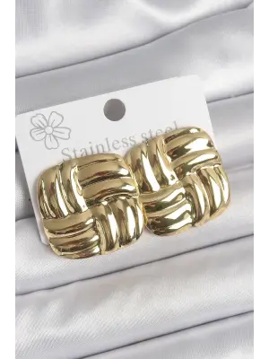 316 Çelik Gold Renk İşlemeli Kare Plaka Model Kadın Küpe